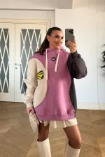 Blok Renkli Kapüşonlu Kadın Sweatshirt
