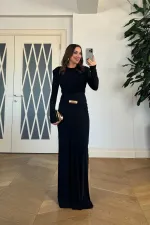 Büzgü Detaylı Vatkalı Uzun Elbise