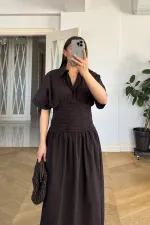 Gömlek Yaka Drapeli Uzun Elbise