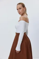 Kayık Yaka Crop Triko Kadın Kazak