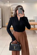 Wrap-Neck Padded Long-Sleeved Bodysuit