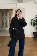 Kruvaze Kemerli Uzun Kollu Bluz