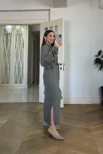 Kuşak Detaylı Uzun Kollu Gömlek Elbise