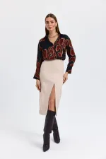 Yüksek Bel Yırtmaçlı Düz Kesim Midi Etek