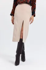 Yüksek Bel Yırtmaçlı Düz Kesim Midi Etek