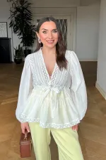 V-Neck Long-Sleeved Blouse with Crochet Detail