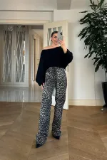 Leopar Desenli Denim Kadın Pantolon