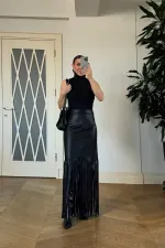 Suni Deri Püskül Detaylı Mini Etek