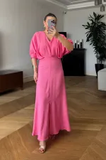 V Yaka Kısa Kollu Uzun Elbise