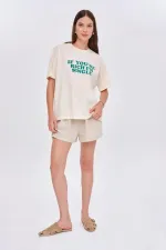 Oversize Bisiklet Yaka Baskılı Kadın Tişört