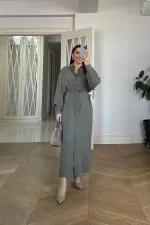 Kuşak Detaylı Uzun Kollu Gömlek Elbise