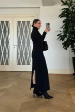 Fitilli Dik Yaka  Uzun Kollu Uzun Elbise