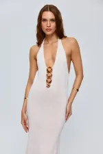 Boyundan Geçmeli Triko Uzun Elbise