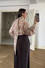Desenli Şal Yaka Uzun Kollu Bluz