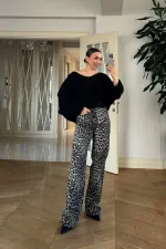 Leopar Desenli Denim Kadın Pantolon