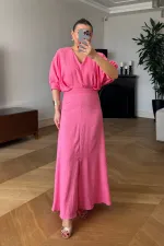 V Yaka Kısa Kollu Uzun Elbise