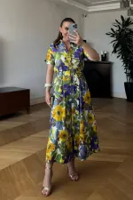 Çiçek Desenli Midi Gömlek Elbise