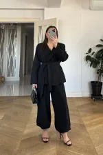 Kuşaklı Ceket Pantolon Kadın Takım