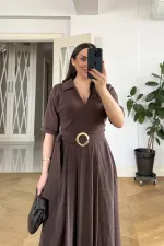 Kruvaze Yaka Kısa Kollu Uzun Elbise