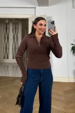 Polo Yaka Fermuarlı Triko Kadın Kazak