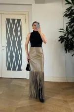 Suni Deri Püskül Detaylı Mini Etek