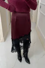 Asimetrik Kesim Dantel Detaylı Saten Etek