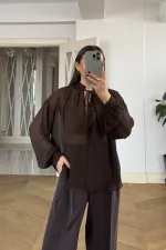 Chemisier en mousseline à manches longues et col mandarin