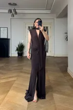 V-Neck Long Dress with Knot Detail