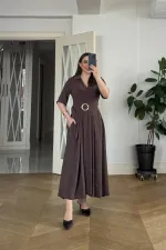 Kruvaze Yaka Kısa Kollu Uzun Elbise