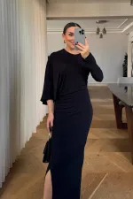 Yarasa Tek Kol Detaylı Uzun Elbise