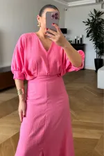 V Yaka Kısa Kollu Uzun Elbise