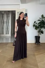 Büzgü Detaylı Sıfır Kol Uzun Elbise