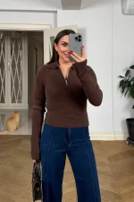 Polo Yaka Fermuarlı Triko Kadın Kazak