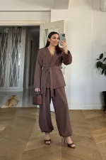 Kuşaklı Ceket Pantolon Kadın Takım