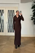 Fitilli Dik Yaka  Uzun Kollu Uzun Elbise