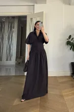 Gömlek Yaka Drapeli Uzun Elbise