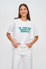 Oversize Bisiklet Yaka Baskılı Kadın Tişört