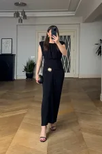 Sleeveless Long Dress with Gathered Detail and Padded Shoulders Sleeveless Long Dress with Gathered Detail and Padded Shoulders
