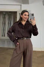 Gold Düğmeli Saten Kadın Gömlek