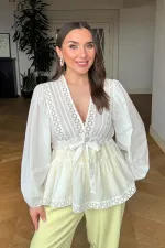V-Neck Long-Sleeved Blouse with Crochet Detail