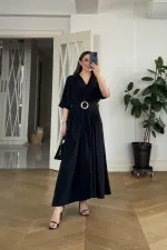 Kruvaze Yaka Kısa Kollu Uzun Elbise