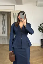 Vücüda Oturan Gömlek Etek Denim Takım