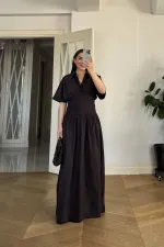 Gömlek Yaka Drapeli Uzun Elbise