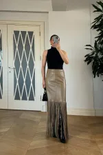 Suni Deri Püskül Detaylı Mini Etek