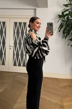 Omuz Dekolteli Desenli Uzun Kollu Bluz