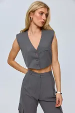 Düğmeli Crop Kadın Yelek