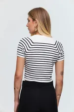 Bisiklet Yaka Kısa Kollu Çizgili Triko Bluz