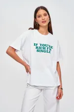 Oversize Bisiklet Yaka Baskılı Kadın Tişört