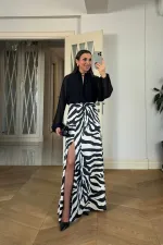Zebra Desenli Yırtmaçlı Uzun Etek