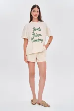 Oversize Baskılı Kısa Kollu Kadın Tişört %100 Pamuk